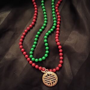 Sarah Coventry Red and Green Beaded Necklace with Gold Pendant